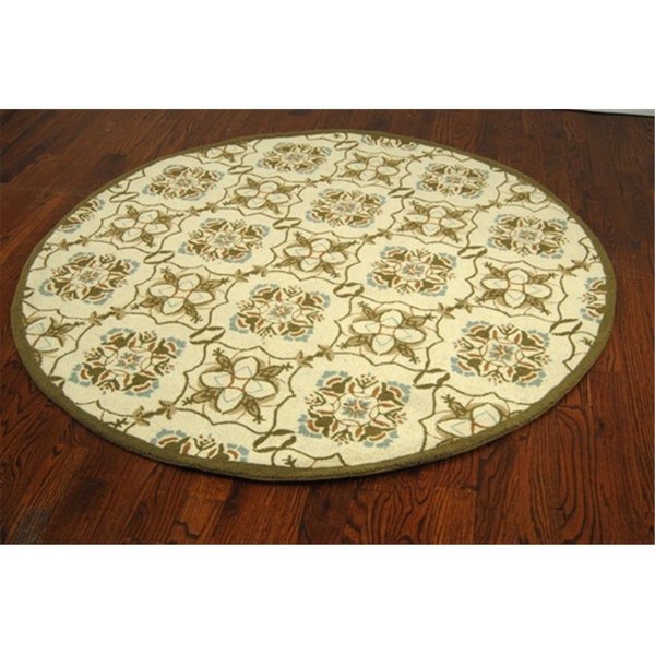 Flowers First 5 ft. 6 in. x 5 ft. 6 in. Round Transitional Chelsea Ivory & Green Hand Hooked Rug FL1881743